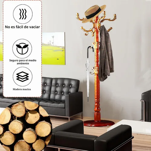 Vista 2 de Percheros independientes con 14 ganchos, soportes de madera natural para entrada, altura ajustable de 73 pulgadas, perchero de árbol para pasillo
