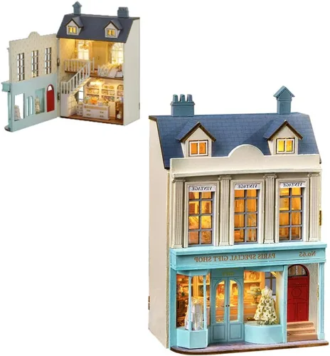 Vista 14 de Kit de Muebles de Casa de Muñecas de Madera en Miniatura DIY, Mini Casa de Muñecas Hecha a Mano con LED, Escala 1:24, Juguetes de Artesanías