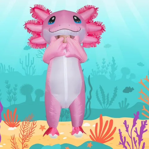 Vista 4 de Stegosaurus Disfraz inflable de ajolote para niños, disfraz de Halloween para niños, disfraz rosa de lujo para niñas y niños, fiesta de cosplay
