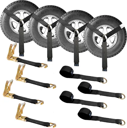 Vista 11 de Mega Cargo Control Juego de 4 correas de lazo de anillo D de elevación de rueda de 2 pulgadas x 10 pies con (4) trinquetes de 2 pulgadas, (4)