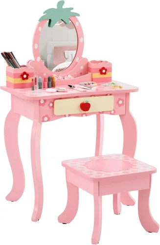 Vista 11 de ShyneeMakeup - Juego de tocador de madera de princesa con taburete acolchado, cajón, patas de madera y espejo, juego de maquillaje para niñas