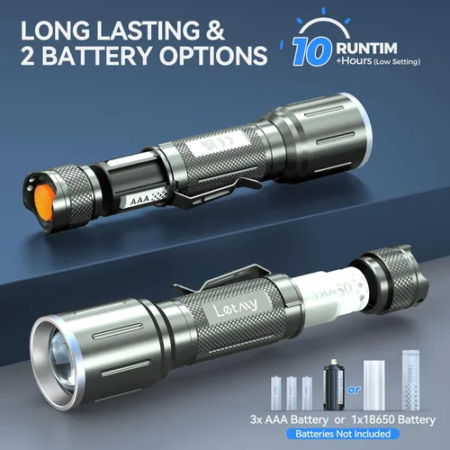 Vista 6 de LETMY Paquete de 2 linternas LED - Linternas tácticas súper brillantes de alto lúmenes - Luz de flash con zoom, 5 modos, linternas impermeables Gris