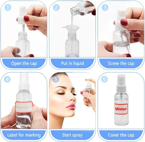 Vista 5 de Mini botellas de spray, botella pequeña de spray de 2 oz/1.7 fl oz, botella de spray de viaje de plástico para líquidos, botellas rociadoras de mano