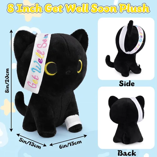 Vista 5 de Regalos para mujeres y niños, peluche de gato negro de 8 pulgadas, animales de peluche con texto en inglés "Get Well Soon", peluches de gato kawaii