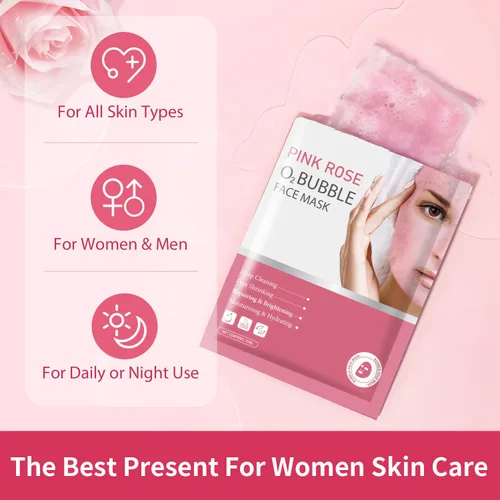 Vista 8 de IREV Paquete de 10 mascarillas faciales de burbujas rosa O2 para el cuidado de la piel, regalos de spa para mujeres, máscara facial limpiadora