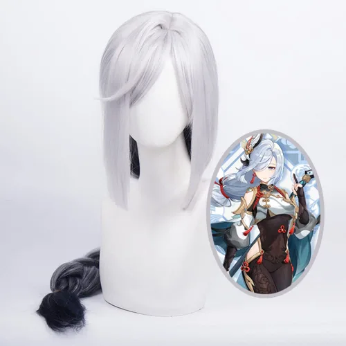 Vista 2 de Genshin Impact Shen He - Peluca larga de anime plateado con gorra de peluca gratis para Comic Con, espectáculo de cosplay, Halloween