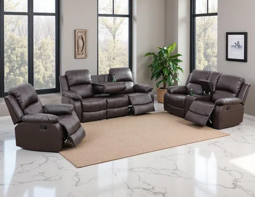 Vista 30 de Sofá reclinable manual, sofá reclinable de lujo de 3 plazas, sofá reclinable con portavasos y mesa de café, sofá de cuero sintético para sala