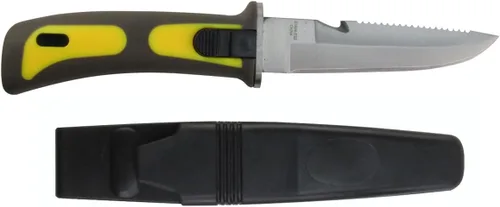 Vista 4 de TREASURE GURUS, LLC Cuchillo de buceo amarillo con hoja de acero inoxidable de 9 pulgadas con cortador de línea y correas para brazos o piernas