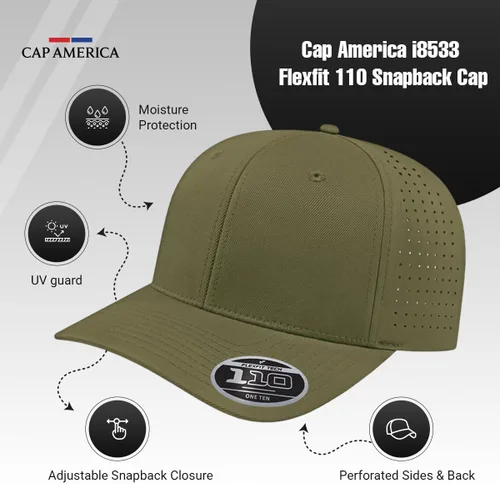 Vista 5 de Cap America i8533 Flexfit 110 Gorra Snapback Perforada de Rendimiento de Perfil Medio de 6 Paneles con Protección UV y Snapback Ajustable