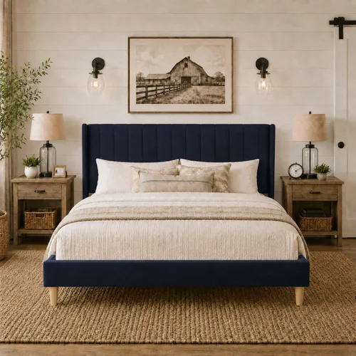Vista 19 de Upholstered Bed Frame with Wingback Headboard and Wood Slats (Beige-Linen, Twin)