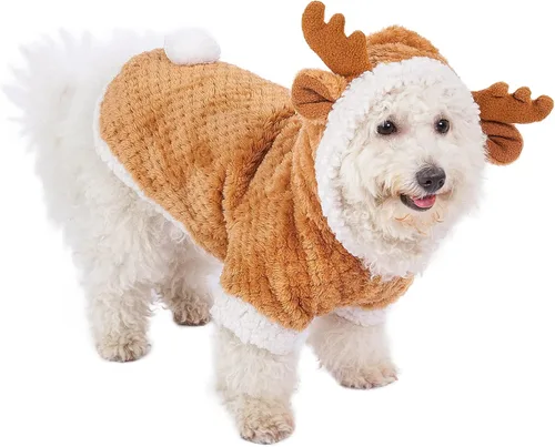 Vista 4 de Disfraz de reno de Navidad para cachorro, disfraz de alce de gato con capucha, abrigo de invierno de Navidad, ropa de Navidad (XL)