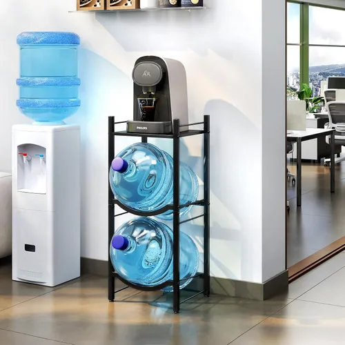 Vista 2 de TC-HOMENY Soporte para jarra de agua de 5 galones, estante de 3 niveles para dispensador, soporte organizador para hogar y oficina (negro)