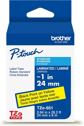 Vista 24 de Brother - Cinta laminada Negro sobre Amarillo, 24 mm Empaquetado al menudeo, Negro sobre blanco