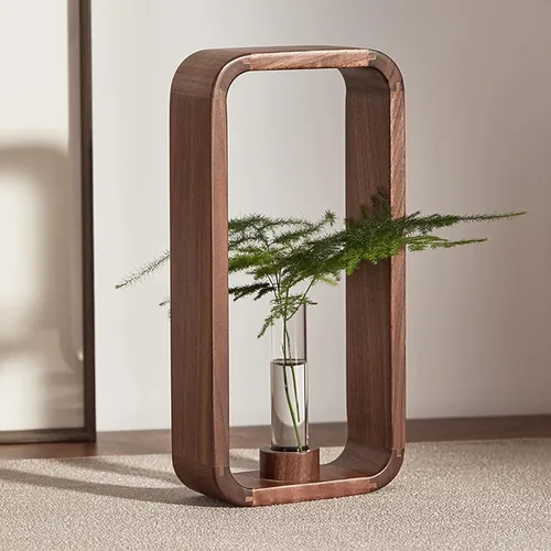 Vista 3 de Transprent - Jarrón de vidrio, tubo de ensayo, soporte para plantas hidrofílicas, marco de madera de nogal, soporte de flores, mesa de jardín