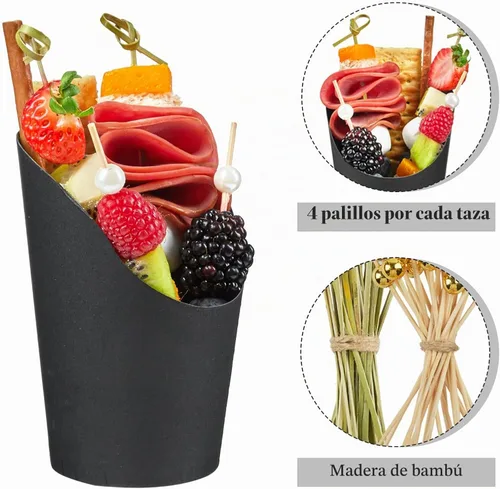 Vista 5 de Ocmoiy Vasos para embutidos con palillos negros desechables de 14 onzas de papel kraft, vasos individuales de aperitivo para servir en fiestas