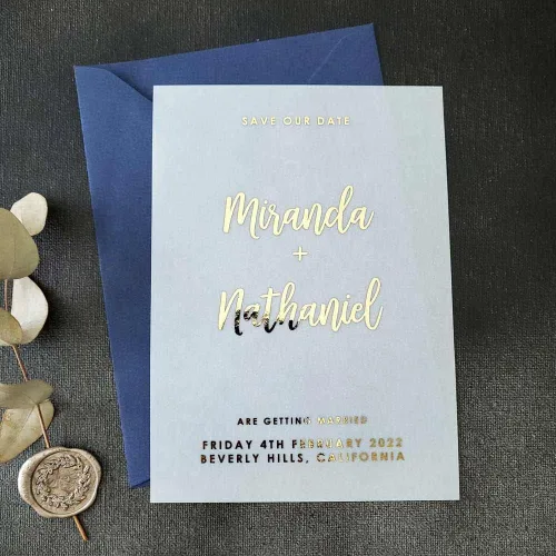 Vista 3 de Personalized Wedding Save the Date Vellum Cards, Save our Date Gold Foiled Vellum Invites, Custom Save or Change the Date, Silver, Rose Gold
