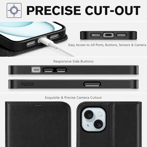 Vista 8 de TUCCH Funda tipo cartera para iPhone 15 Plus, [bloqueo RFID] 4 tarjeteros con función atril [funda interior de TPU a prueba de golpes] Funda Negro
