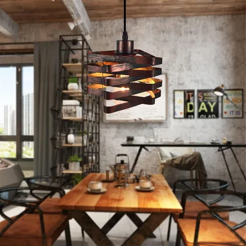 Vista 4 de Lámpara colgante industrial creativa, lámparas colgantes cuadradas de hierro en espiral, cuerpo de lámpara rojo oxidado, accesorio de iluminación
