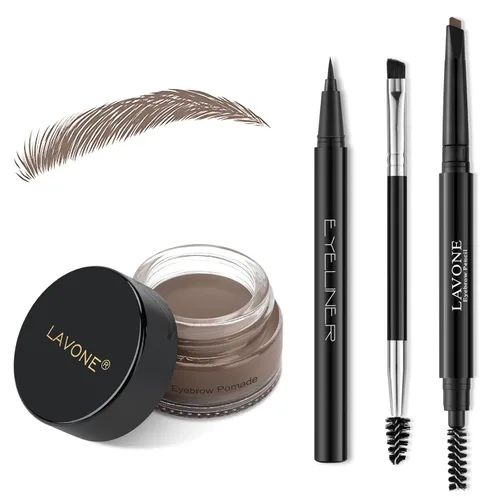 Vista 29 de LAVONE Kit de lápiz de sello para cejas, kit de maquillaje triple con lápiz de ceja impermeable, delineador, pomada de cejas y cepillo de cejas