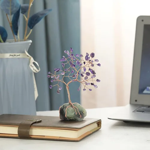 Vista 5 de mookaitedecor Árbol de cristal de amatista natural con cristales crudos con base de fluorita, árbol de dinero, figura de Feng Shui, adorno