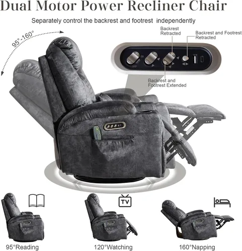 Vista 6 de AHMED Silla reclinable giratoria de doble motor con masaje y calor, mecedoras eléctricas con portavasos, luces LED, puertos USB A/USB C para sala