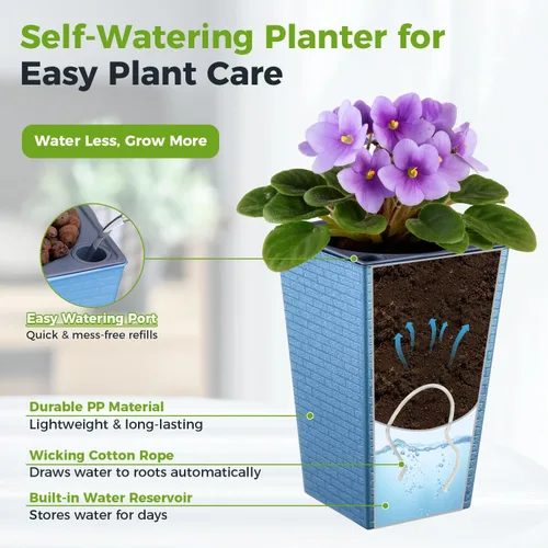 Vista 4 de Paquete de 2 macetas de riego automático de 10.7" x 6.9" para plantas de interior, macetas violetas de riego automático, macetas de flores