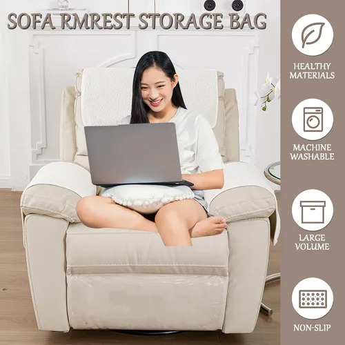 Vista 2 de Funda para Reposabrazos, Protector para Silla Reclinable, Protector para Muebles, Bolsillo de Almacenamiento Lateral, Funda Elástica para Beige