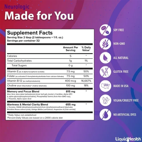 Vista 5 de LIQUIDHEALTH Suplemento de enfoque neurológico, suplemento nootrópico para función cognitiva, memoria y enfoque con ginkgo biloba, colina, L-teanina