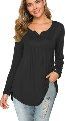 Vista 2 de Halife Blusa casual de manga larga con cuello en V para mujer, ajuste holgado, plisada
