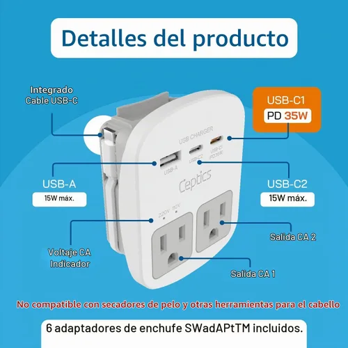 Vista 3 de Adaptador de viaje Ceptics, de EE. UU. a Japón, Filipinas, con doble USB, tipo A, ultra compacto All in One - 2 USB + 2 US Sockets Blanco