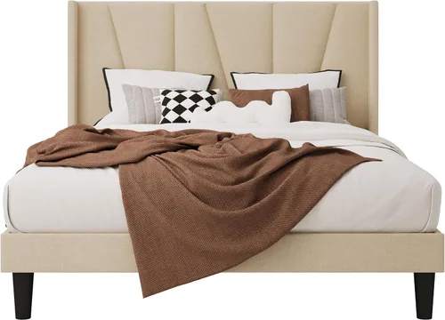 Vista 9 de HOOMIC Marco de cama tapizado completo con cabecero, color beige Beige claro