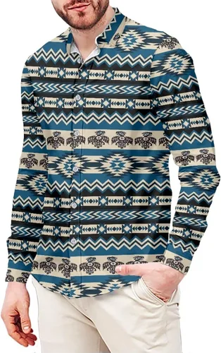 Vista 21 de Camisas aztecas grandes y altas para hombre, diseño étnico azteca tribal del suroeste, camiseta delgada de manga larga con botones
