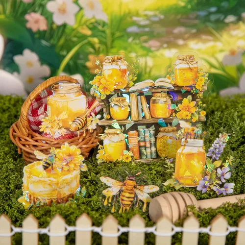 Vista 3 de 60 piezas de calcomanías holográficas de abejas de jardín para niñas estéticas – Calcomanías transparentes de abejas, florales, de panal