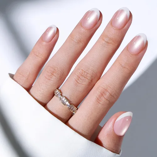 Vista 20 de modelones Uñas cortas a presión, kit de uñas postizas ovaladas A1-rosa blanco