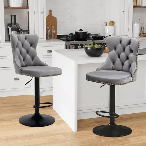 Vista 18 de Aoowow Juego de 2 taburetes de bar giratorios ajustables con parte trasera de terciopelo copetudo, sillas de bar modernas tapizadas con cabeza