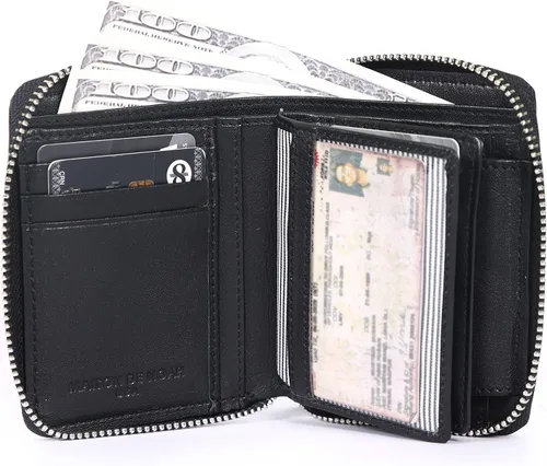 Vista 6 de Cartera de piel auténtica con triple pliegue y cremallera alrededor para hombres Horinzontal Cartera vertical con cremallera y tarjetero Regalo