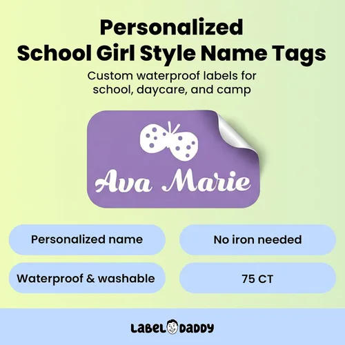 Vista 2 de Label Daddy Etiquetas de nombre personalizadas para niñas, etiquetas de nombre impermeables de tamaño individual para niños, sin planchado y Mariposa