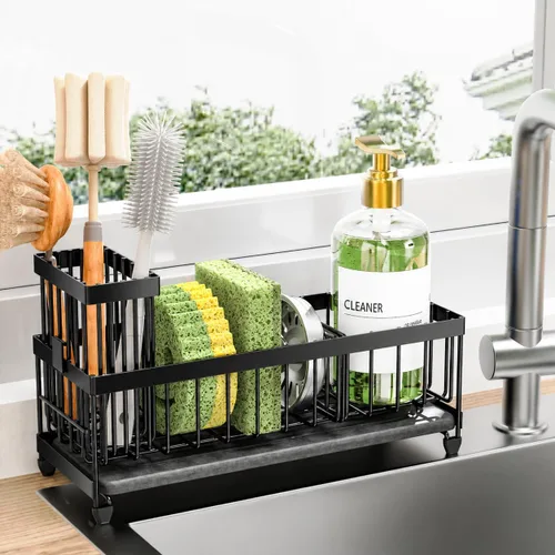 Vista 29 de Cisily Soporte de esponja negro extra grande para fregadero de cocina, organizador de fregadero con soporte alto para cepillos, organizadores