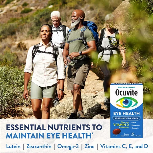 Vista 8 de Ocuvite Suplemento de vitaminas y minerales para los ojos, contiene zinc, vitaminas C, E, Omega 3, luteína y zeaxantina, 30 cápsulas blandas