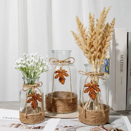 Vista 4 de Juego de 3 jarrones de vidrio transparente, jarrones de flores vintage, botellas de vidrio decorativas para centros de mesa, decoración de mesa