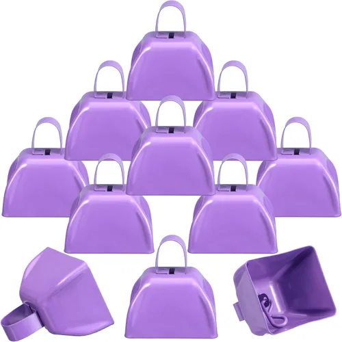 Vista 10 de Therwen Paquete de 12 campanas de metal para hacer ruido de vaca, con asa de 3 pulgadas, campanas de percusión de mano a granel para eventos Azul