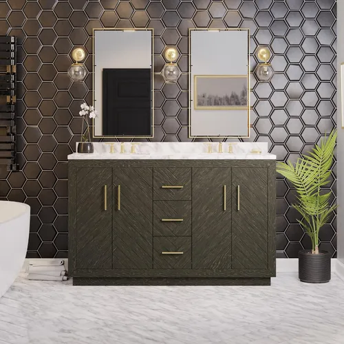 Vista 2 de Kitchen Bath Collection Peyton - Mueble de baño doble de 60 pulgadas (Carrara/roble oscuro): incluye gabinete de roble oscuro con impresionante