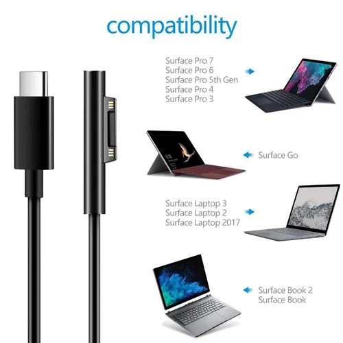 Vista 3 de Adaptador de carga rápida USB-C a Surface Pro, cable negro tipo C, requiere 15V/3A 45W PD USB-C cargador para Microsoft Surface Pro 7/6/5/4/3/X