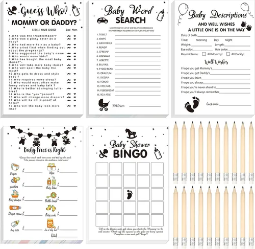 Vista 22 de Yinder 145 tarjetas de actividades para juegos de baby shower con 20 lápices, incluye descripción de bingo para bebés y deseos, adivina quién es