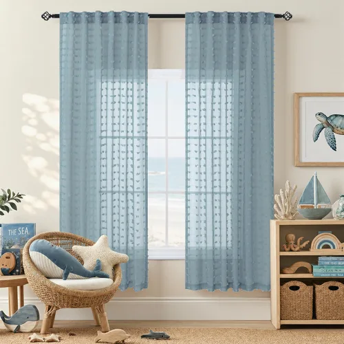 Vista 24 de Cortinas Beige Semitransparentes de 63 Pulgadas de Largo para Dormitorio, Sala de Estar, Guardería Infantil, Ventana con Diseño de Pompón