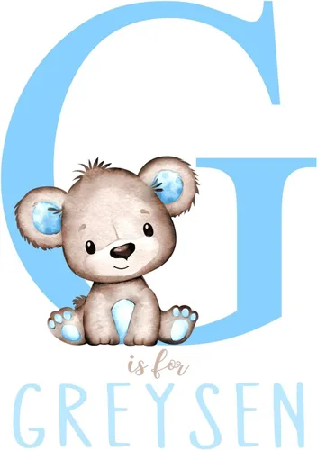 Vista 3 de Arte de pared personalizado con diseño de oso de acuarela azul para bebé niño, decoración de guardería, sin marco, monograma inicial de letra