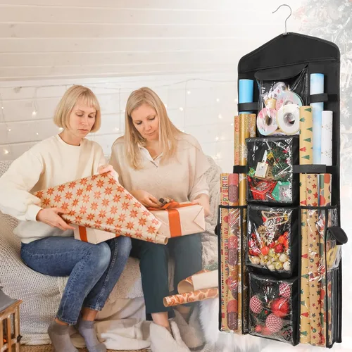 Vista 6 de EXLIFBAG Organizador de almacenamiento de papel de regalo, organizador de envoltorios de regalo con soporte de doble cara para colgar