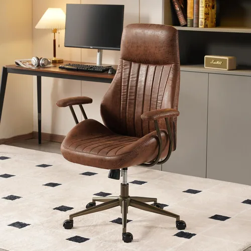 Vista 14 de Silla de oficina ergonómica para grandes y altos, silla ejecutiva moderna de mediados de siglo con soporte lumbar, respaldo alto, cojín grueso, piel