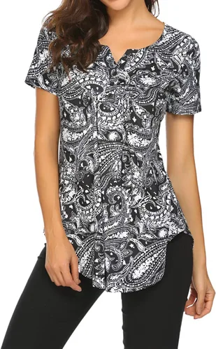Vista 3 de Blusón plisado de manga corta con estampado floral y cuello Henley en V para mujer, con vuelo.