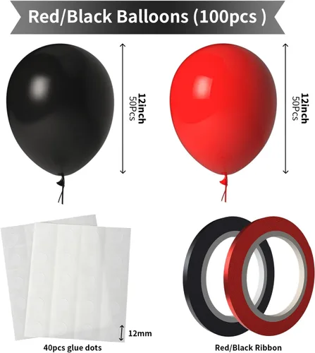 Vista 2 de Globos rojos y negros, paquete de 100 unidades, 12 pulgadas A1-rojo negro